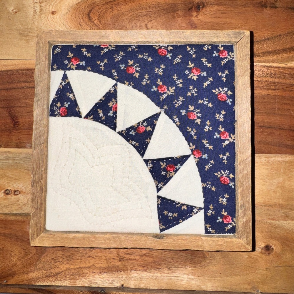 Vintage Custom Hand Quilted Wall Art Navy Floral Baby Bunting 7in Rustic Wood